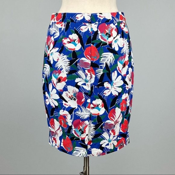 J Crew Womens Tropical Floral Print Pencil Skirt Blue Red Cotton size 4 - Picture 4 of 10